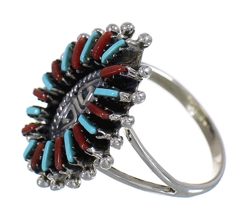 Turquoise And Coral Water Wave Silver Ring Size 6-1/4 AX88957